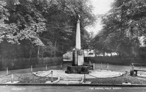 War Memorial (WWl) erected at the instigation of Hale Barns resident Sir William Cunliffe Brooks - MP for Altrincham and East Cheshire (Woods at the Woodeave's estate, to the left, obscure the present site of Holy Angels.)